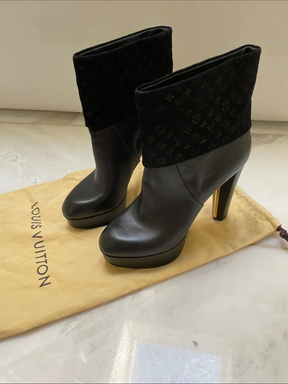 Louis Vuitton Black Leather Platform Ankle Boots with Monogram Velvet Cuff